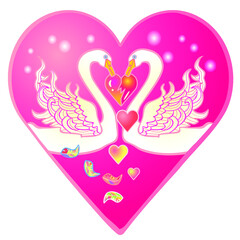 Valentines card in the form of a pink heart with a pair of swans, color vector clip art on a white isolated background