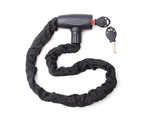 Anti-theft security lock for motorcycle and moped with key on white background, isolate. Close-up,...