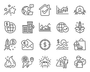 Fototapeta premium Finance icons set. Included icon as World money, Dollar target, Hot sale signs. World statistics, Startup, Business targeting symbols. Loan house, Check investment, Euro money. New star. Vector