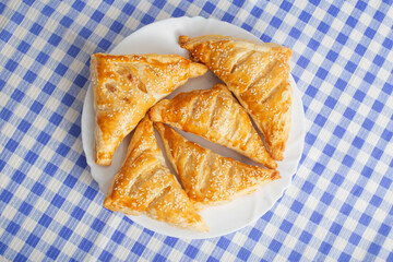 Delicious crunchy puffs with ham and cheese on a checkered background. homemade baking. Appetizer