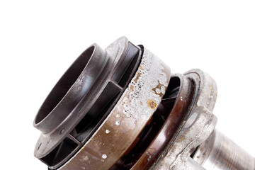 Corrosion and sinkholes on a spent car pump out of order, on a white background, isolate.