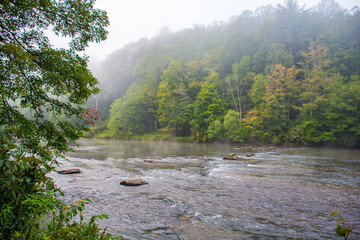 Naklejka na ściany i meble Morning fog along the New River, North Carolina, Appalachia