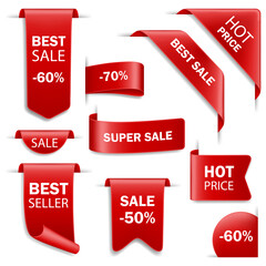 Ribbon sale badges, banners, price tags. Tags set. Vector badges and labels isolated.