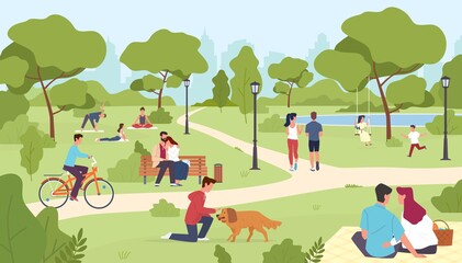People in park. Happy men and women, city summer or spring park walking, group yoga class outdoor, nature romantic dates, children play, riding bicycle vector colorful cartoon concept