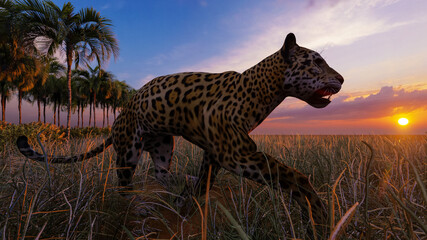 Image of a leopard against a sunset background 3D illustration