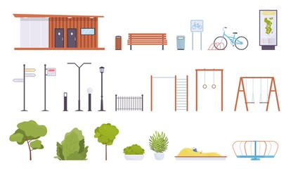 City park elements. Public rest place objects, walking zone parts, lanterns and benches, sports equipment and kids playground, green trees, bushes and flower beds vector flat style set