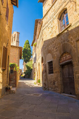 Historic residential buildings in a the centre of the medieval town of Monticchiello near Pienza in Siena Province, Tuscany, Italy
