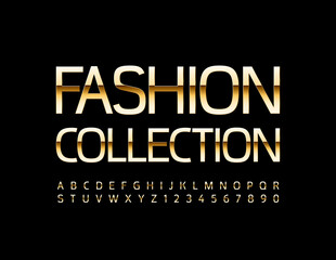Fototapeta na wymiar Vector elegant sign Fashion Collection. Glossy chic Font. Gold Alphabet Letters and Numbers set