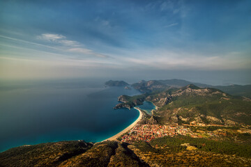 View of the bay and the gulf of the Agean Sea from a bird's eye view. Turkey. Oludeniz