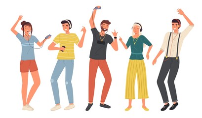 Fototapeta premium Music listening. Young people with headphones and smartphones set, dance and relaxation lifestyle, happy friends in modern casual wears with earphones. Vector flat cartoon concept
