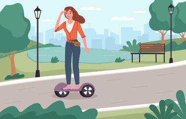 Electric city transport. Young girl rides segway in park location, outdoor active lifestyle, modern green street movement method, ecology personal electric scooter vector concept