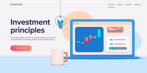 Stock exchange vector illustration in isometric design. Trading market or investment mobile app. Broker or trader application. Web banner layout template.