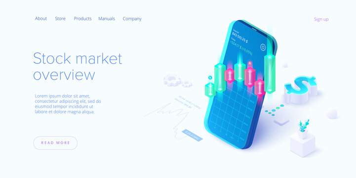 Stock exchange vector illustration in isometric design. Trading market or investment mobile app. Broker or trader application. Web banner layout template.