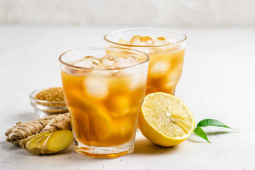 Gin maple earl grey tea  in glasses. Space for text.