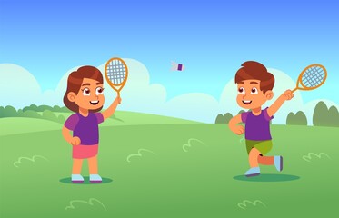 Obraz na płótnie Canvas Children play badminton. Happy boy and girl with racket and shuttlecock on court, little kids playing outdoors, cartoon panorama meadow park, sport school activity vector illustration