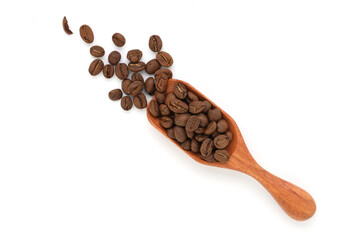 Close up and top view roasted coffee beans on wooden scoop isolated and white background