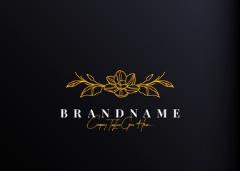 Nature autumn flower logo design. Vector illustration of blooming autumn flower with branch. Vintage logo design vector line icon template