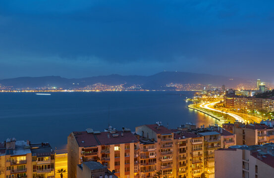 Night in Izmir, coastline and bay, photo from elevator tower