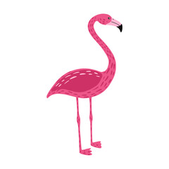 Flamingo standing on two legs isolated on white background. Cute bird pink color with long neck and legs. Exotic animal from Africa. In doodle style