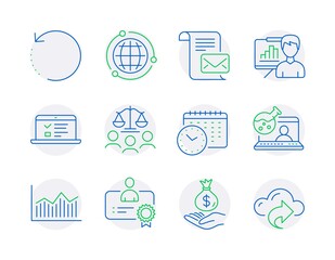Education icons set. Included icon as Online chemistry, Web lectures, Recovery data signs. Globe, Court jury, Certificate symbols. Income money, Money diagram, Presentation board. Vector