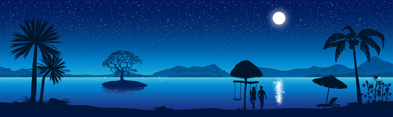 Fototapeta na wymiar Night beach with a starry sky. A couple in love on the seashore. Vector illustration.