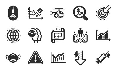 Financial diagram, Targeting and Medical mask icons simple set. Graph, Time management and Currency audit signs. Globe, Medical syringe and Seo analysis symbols. Flat icons set. Vector