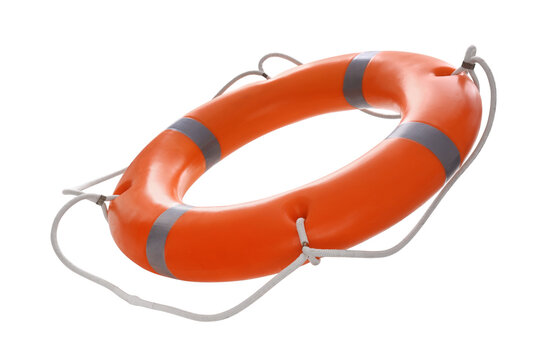 Orange lifebuoy isolated on white. Rescue equipment