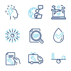 Business icons set. Included icon as Car service, Brainstorming, Check article signs. Artificial intelligence, Balance, Repair document symbols. Airplane travel, Dermatologically tested. Vector