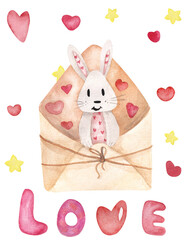 watercolor illustration of a bunny in an envelope with hearts and the inscription love on a white background. Suitable for postcards, Valentine's Day wrapping paper