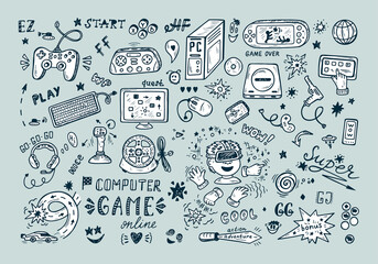 Gadget icons Vector Set. Hand Drawn Doodle Computer Game items. Video Games.
