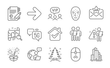 Survey, Face biometrics and Search map line icons set. Copywriting, 5g internet and Vip mail signs. Vip clients, Swipe up and Fireworks symbols. Next, Christmas tree and Skyscraper buildings. Vector