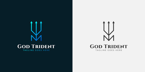 Blue trident logo in line style concept. Initial letter m logo for your business identity - obrazy, fototapety, plakaty