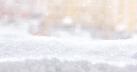 Abwaschbare Fototapete Süße Monster Winterschneehintergrund. Ein Blick aus einem Fenster nach einem Schneefall. Schneeverwehungen in einer Stadt