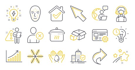 Set of Business icons, such as Inspiration, Apartment insurance, Delete user symbols. Graph chart, Packing boxes, Time management signs. Snowflake, Face biometrics, Share. Wash hands. Vector