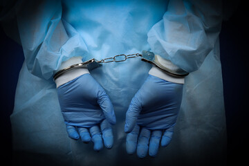 Doctor handcuffed, hands close-up, concept of medical corruption, bribery, crime