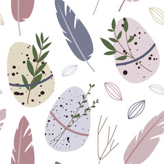 Spring seamless pattern. Cute easter egg, nest, feather, branch, leaves. Eco decoration. Vector flat cartoon illustration. Perfect for textile, wrapping paper