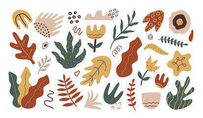 Set of abstract hand drawn leaves, flowers and doodle shapes isolated on white background. Modern contemporary vector design