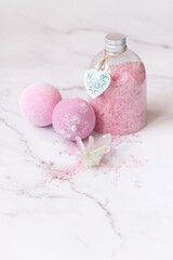 spa treatments. organic cosmetic, sea salt with crystal minerals on marble background. aura quartz. Spa therapy, Crystal Ritual, Esoteric, meditation, relax, life balance, body care concept