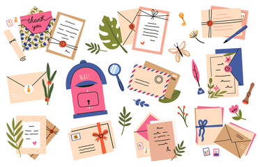 Postal envelopes and cards. Postcards, craft paper letters and cute post stamps, mail sending. Mail envelopes hand drawn vector illustration set. Beautiful cards with stamp, invitation, certificate