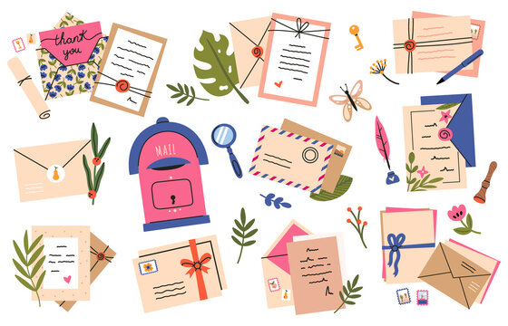Postal envelopes and cards. Postcards, craft paper letters and cute post stamps, mail sending. Mail envelopes hand drawn vector illustration set. Beautiful cards with stamp, invitation, certificate