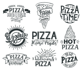 Pizza lettering quotes. Italian pizza, fast food lettering quotes, pizzeria menu food labels. Street food cafe pizza quotes vector illustration set. Fast or junk food, typography for cafe or house