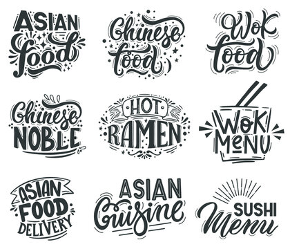 Asian wok. Noodle, ramen and wok cafe menu lettering quotes, asian traditional food labels. Wok asian food vector illustration set. Hot ramen, chinese noble and sushi menu for restaurant