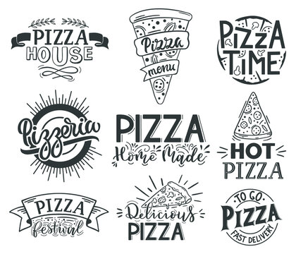 Pizza Lettering Quotes. Italian Pizza, Fast Food Lettering Quotes, Pizzeria Menu Food Labels. Street Food Cafe Pizza Quotes Vector Illustration Set. Fast Or Junk Food, Typography For Cafe Or House