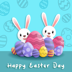 Happy easter day in paper art style with rabbit and easter eggs. greeting card, posters and wallpaper. Vector illustration.