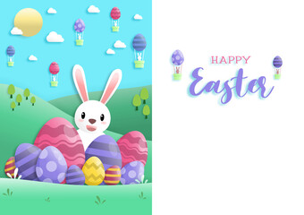 Happy easter day in paper art style with rabbit and easter eggs. greeting card, posters and wallpaper. Vector illustration.