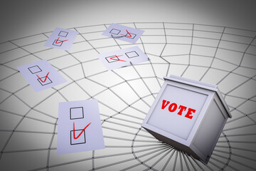 Ballot box on a spider web demonstrating Election fraud concept. 3D illustration