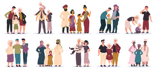 Obraz premium Multiracial families. Happy mothers, fathers and children, smiling family portrait. Cartoon family members vector illustration set. People in traditional clothes of Indian, Arabic, African cultures