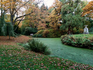 Parkanlage mit romantischem Teich und Denkmal im Herbst im Schlosspark Lütetsburg bei Norden in...