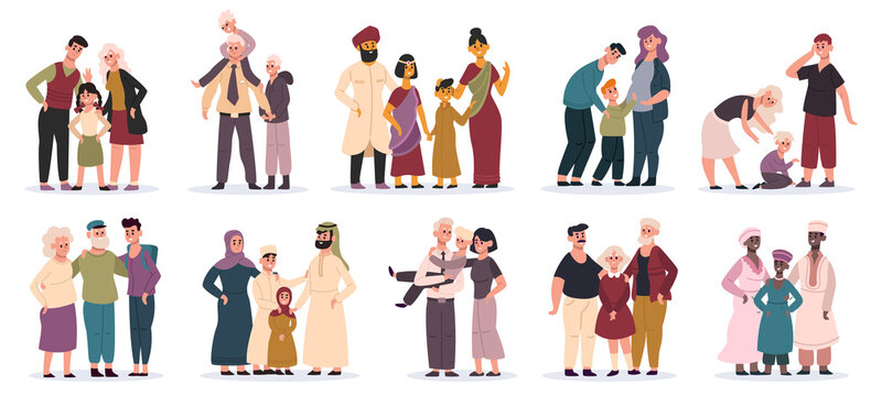Multiracial families. Happy mothers, fathers and children, smiling family portrait. Cartoon family members vector illustration set. People in traditional clothes of Indian, Arabic, African cultures
