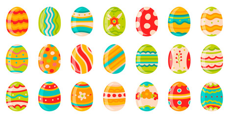 Easter eggs. Cute spring decorative chocolate eggs, happy easter doodle ornamental symbols. Easter holiday traditional eggs vector illustration set decorated with lines, dots and flowers